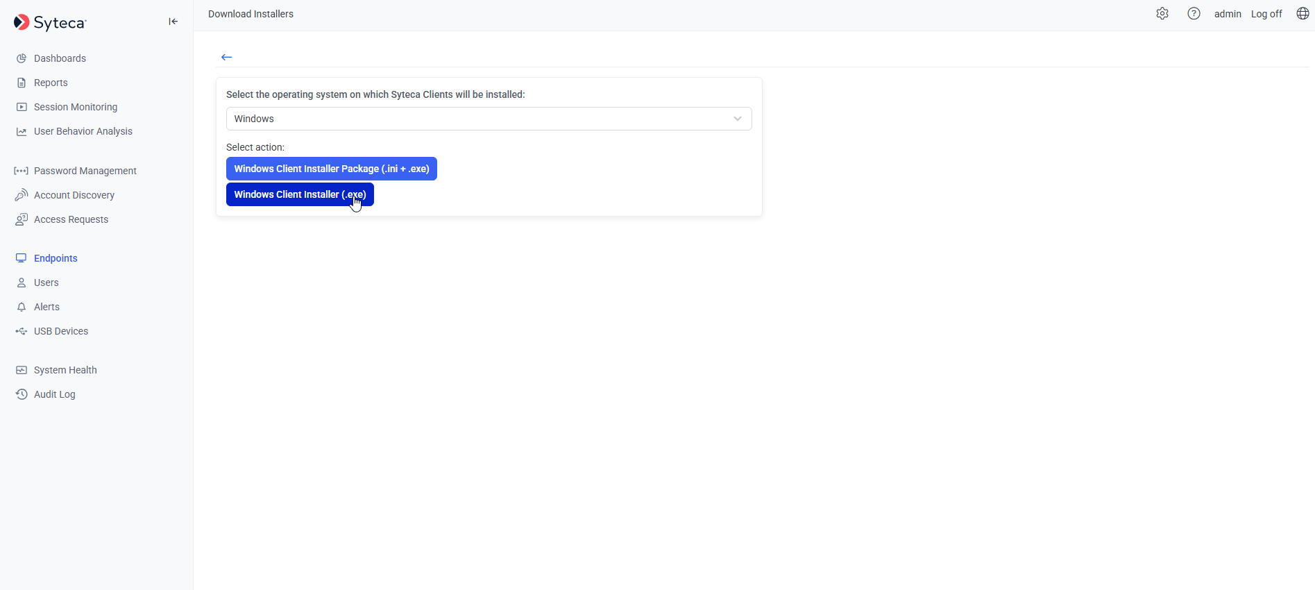 Installation File Download page with Windows operating system selected and installation package options