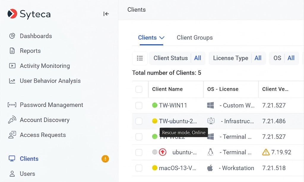 Clients page showing a Linux Client with yellow Rescue mode icon and Troubleshoot Rescue Mode option