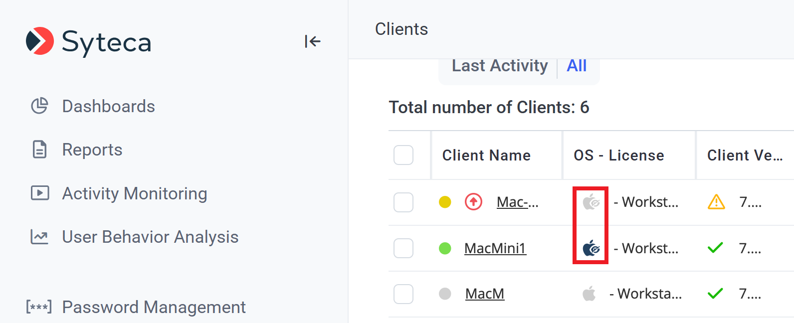 Clients page showing the macOS Hidden Client icon with a small crossed-out eye next to the standard macOS icon