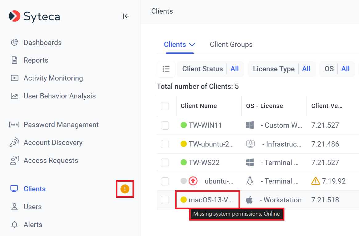 Clients page row showing yellow status icon and hover tooltip for missing macOS permissions