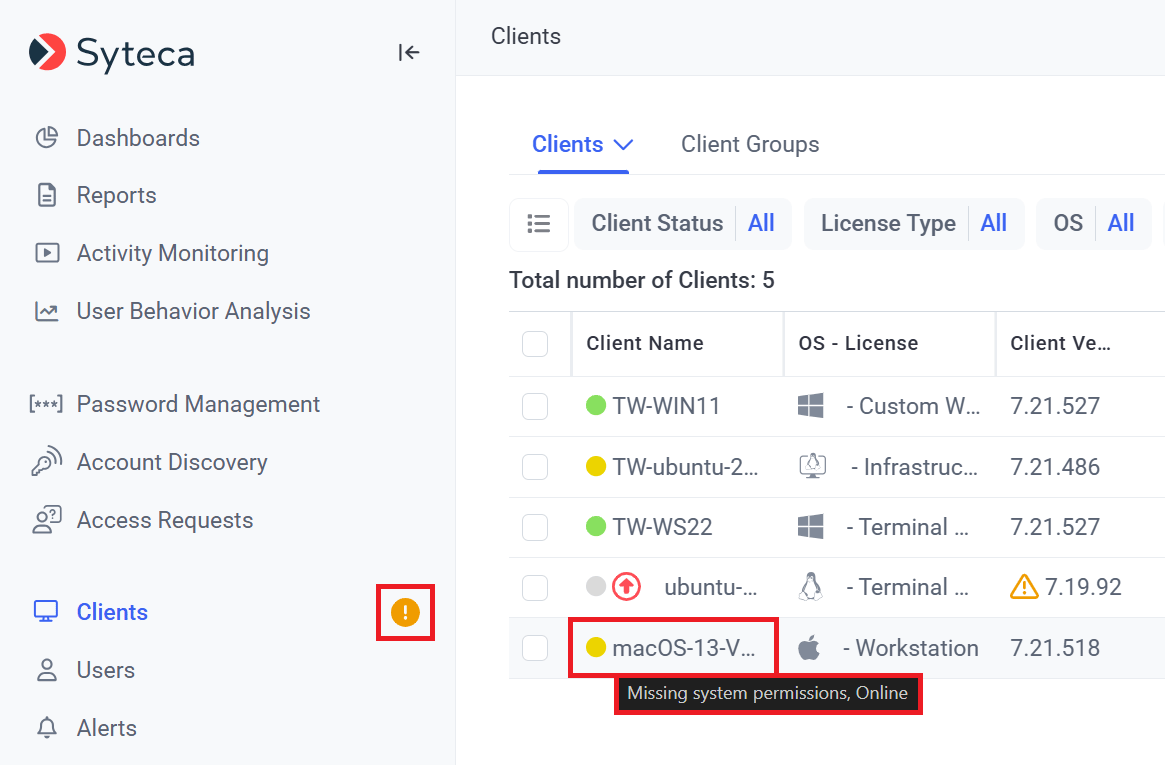 Clients page row showing yellow status icon and hover tooltip for missing macOS permissions