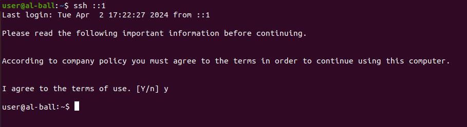 Linux terminal showing the additional login message and Y/n consent prompt
