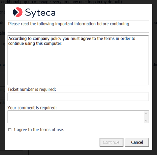 Additional login message pop-up with header, consent checkbox, and comment field