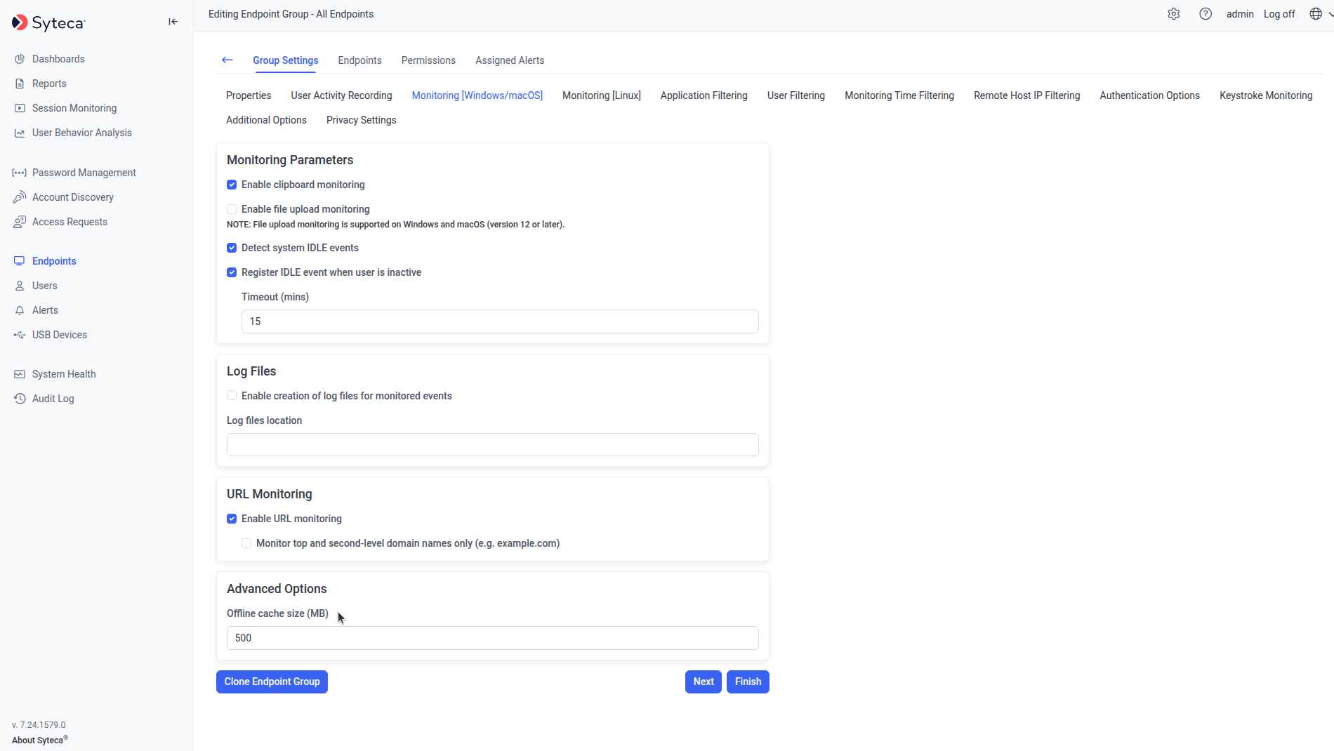Advanced Options section showing the Offline cache size MB field