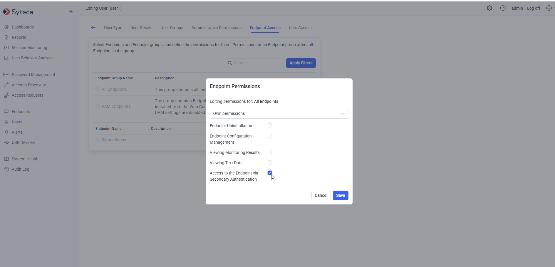 Client Permissions pop-up with Access to Endpoint via Secondary Auth. selected