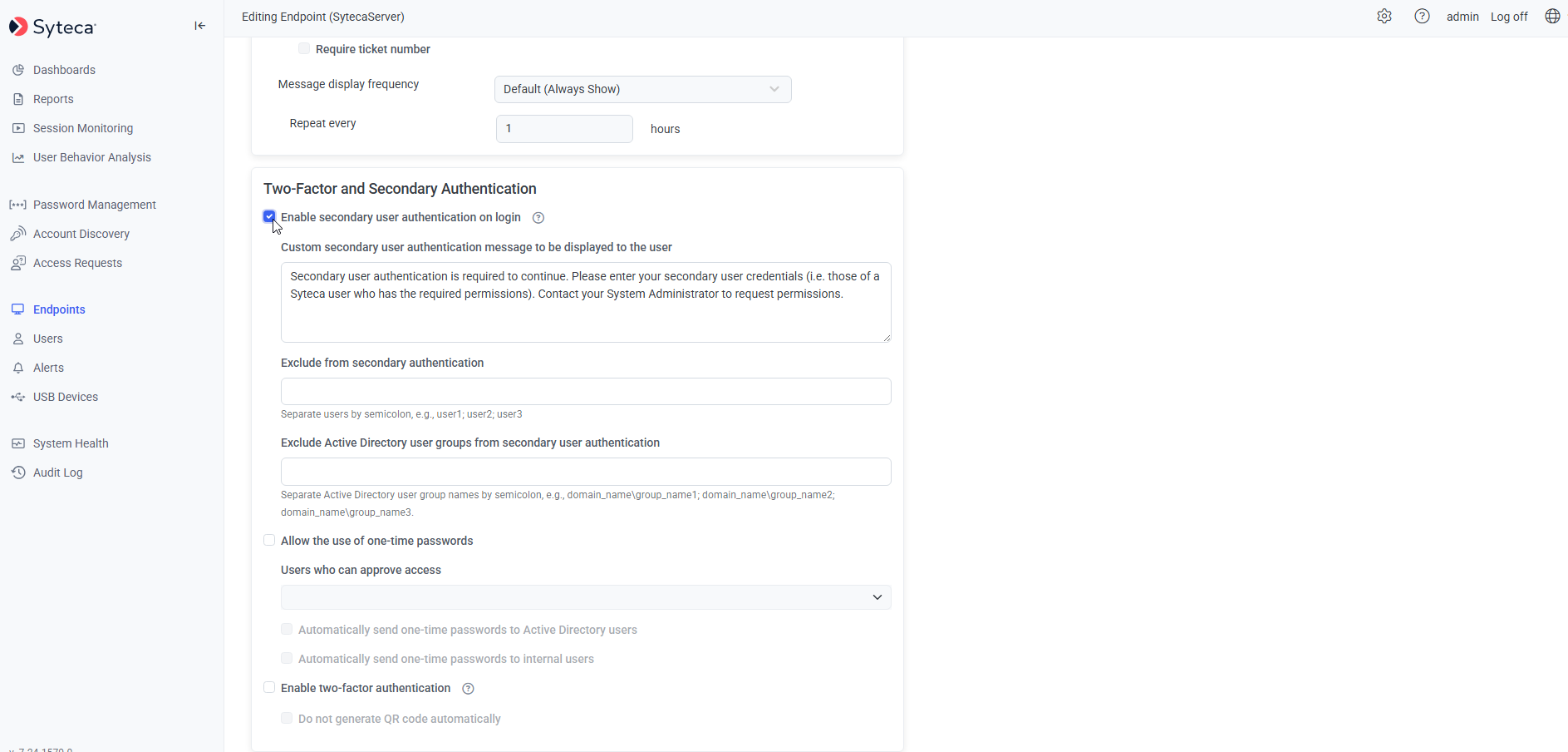 Authentication Options tab with secondary user authentication settings