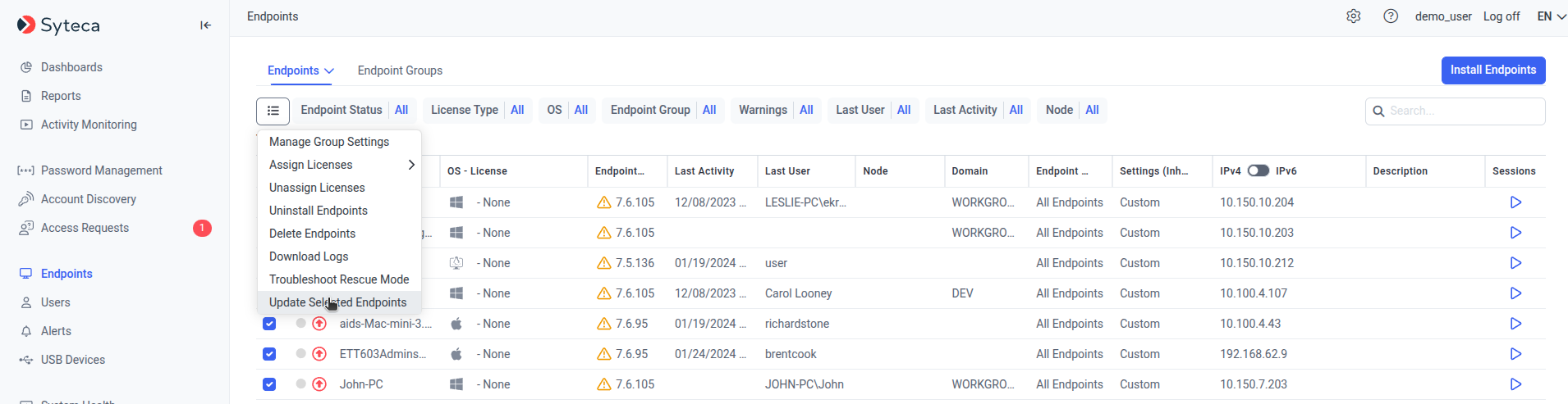 Clients page with checkboxes selected and Bulk Action menu showing Update Selected Clients