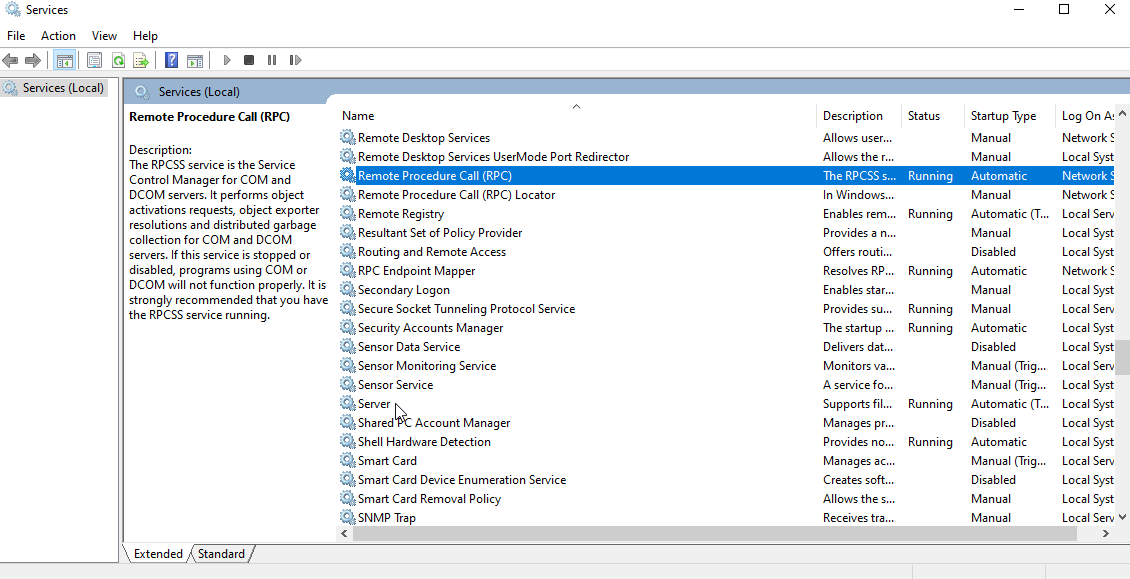 Services console showing Server and Remote Procedure Call services running