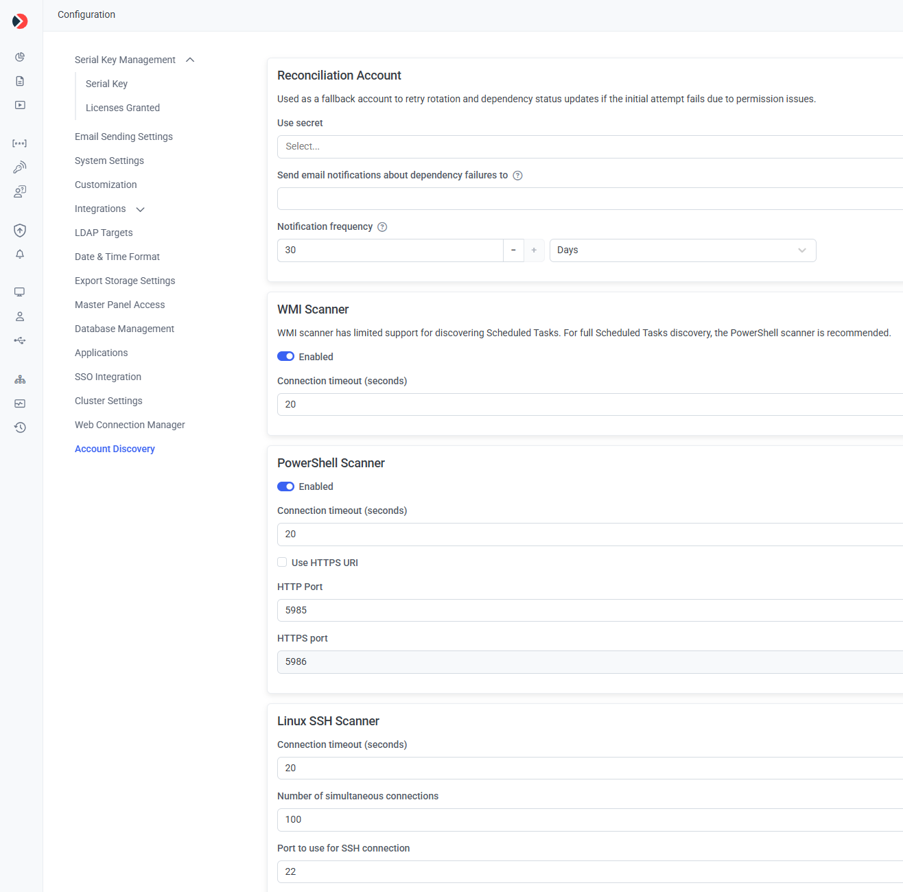 Configuration page Account Discovery tab showing all sections