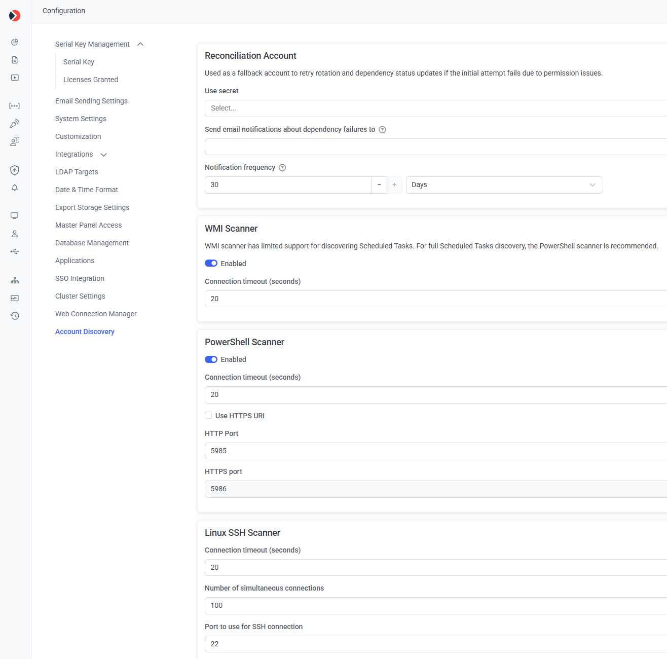 Configuration page Account Discovery tab showing all sections