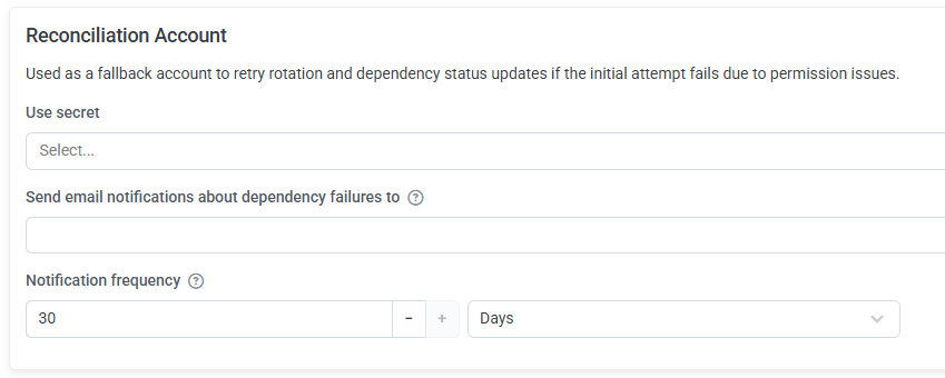 Reconciliation Account section with the Use secret drop-down