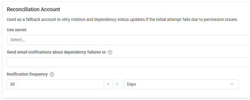 Reconciliation Account section with the Use secret drop-down