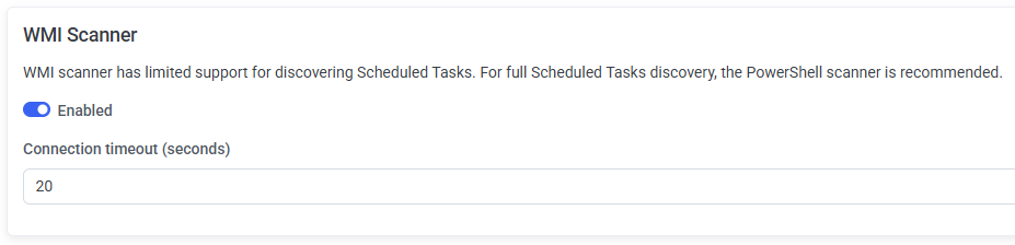 WMI Scanner section with Enabled checkbox and Connection timeout field
