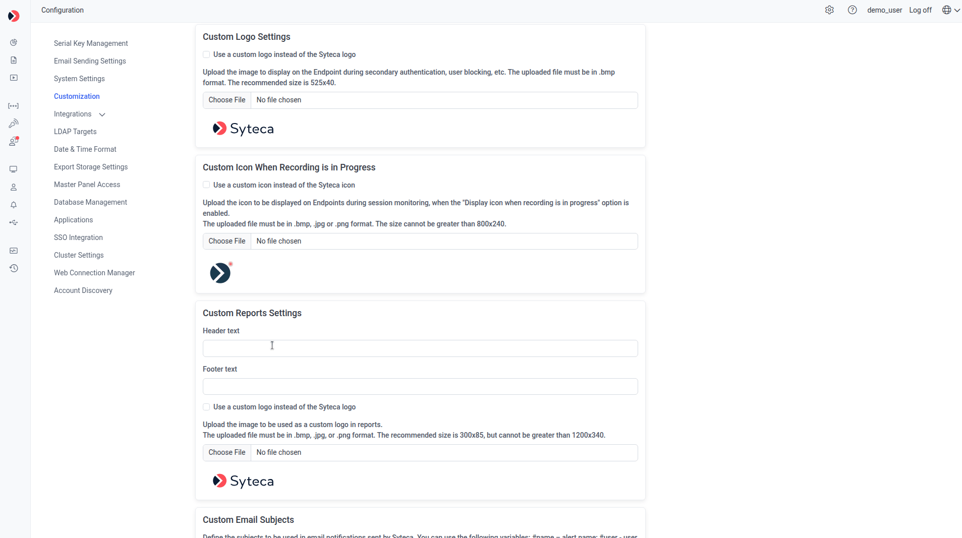Customization tab showing logo, icon, and report branding settings