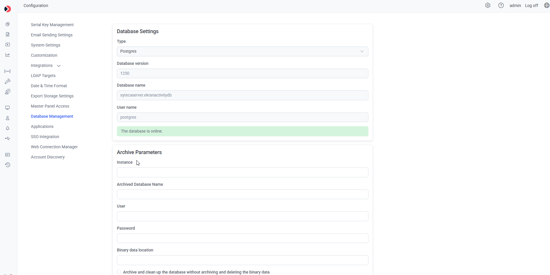 Database Management tab showing database settings and archive parameters