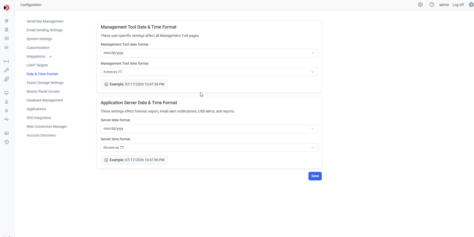 Date and Time Format tab showing format selection dropdowns