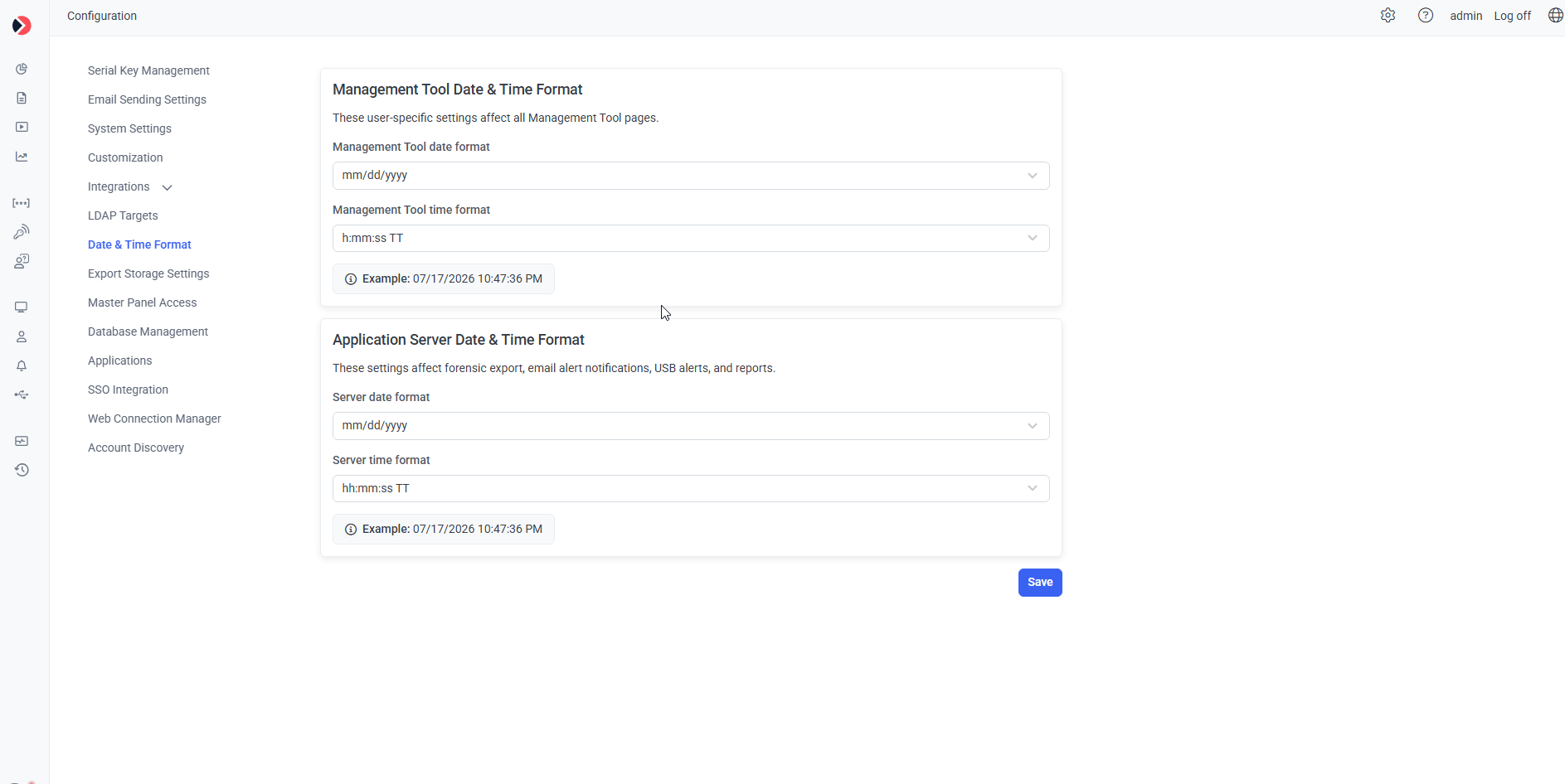 Date and Time Format tab showing format selection dropdowns