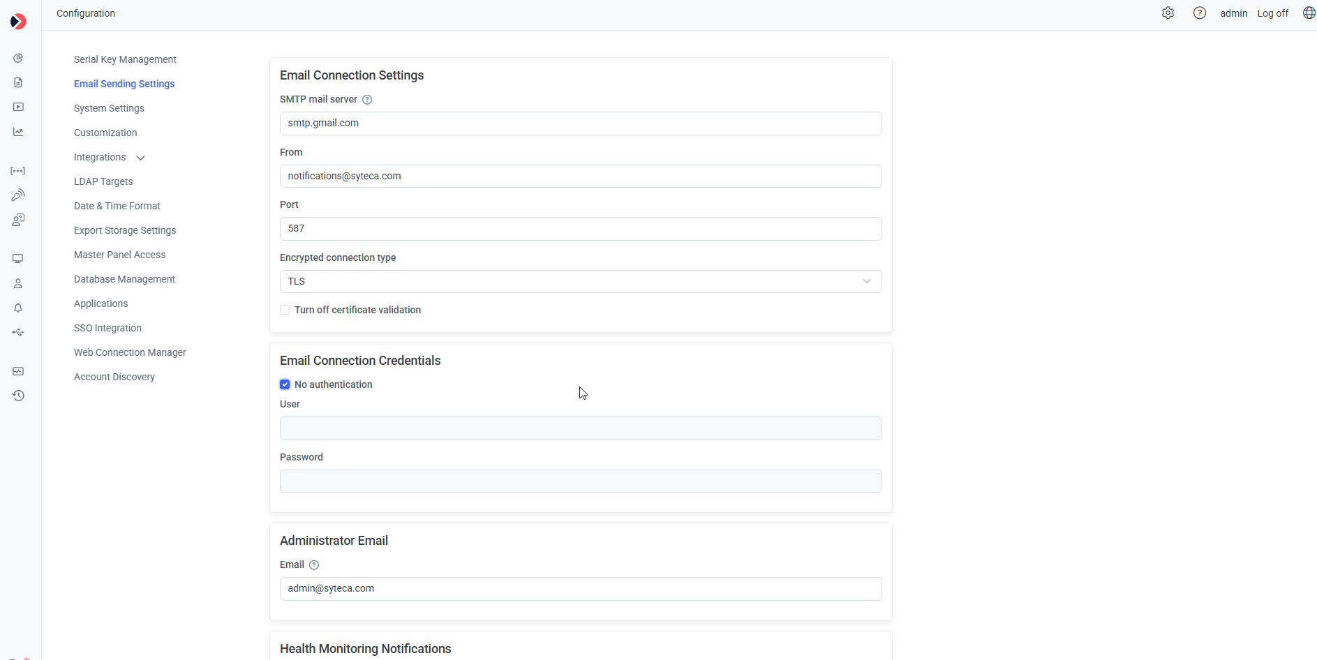 Email Sending Settings tab showing connection settings and health monitoring notifications