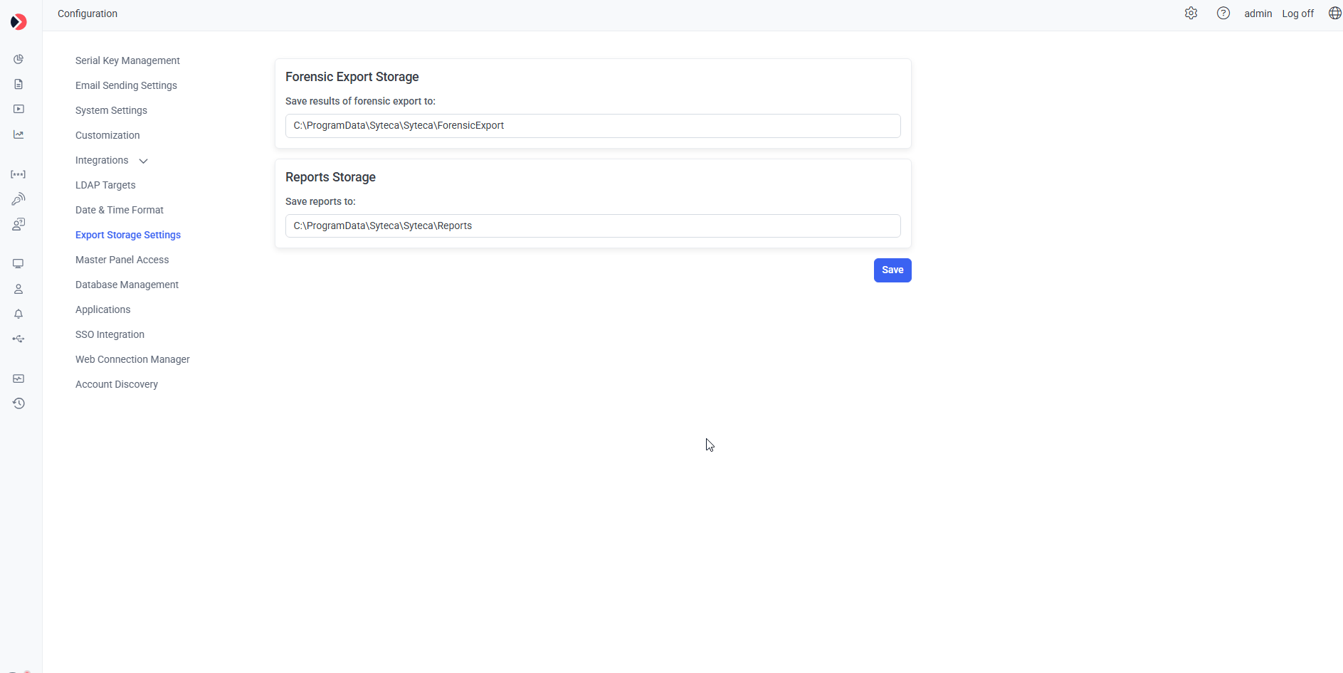 Export Storage Settings tab showing Forensic Export and Reports storage location fields