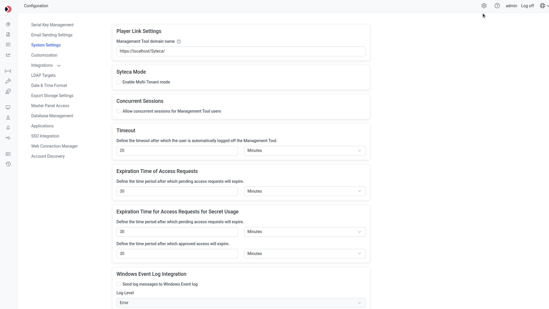 System Settings tab showing Player Link Settings and Syteca Mode sections