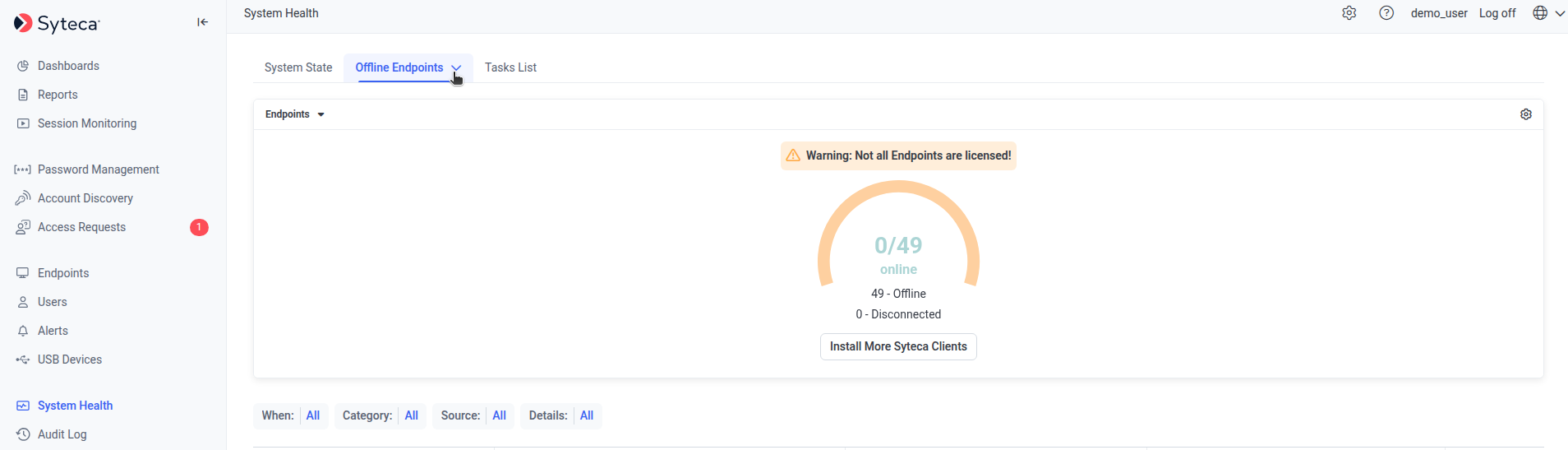 Offline Clients tab showing disconnected Client records
