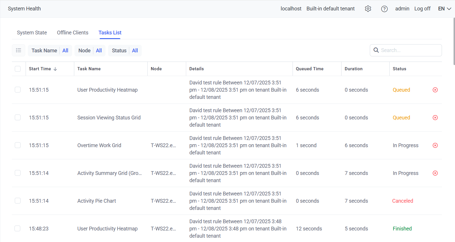 Tasks List tab showing tasks with Start Time, Task Name, Status, and other columns