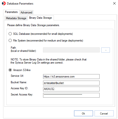 Database Parameters tool showing the Amazon S3-like storage fields