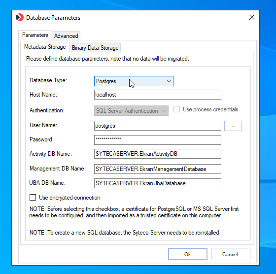 Database Parameters tool showing database type, host name, and authentication fields