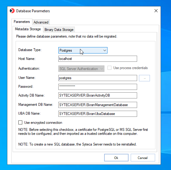 Database Parameters tool showing database type, host name, and authentication fields