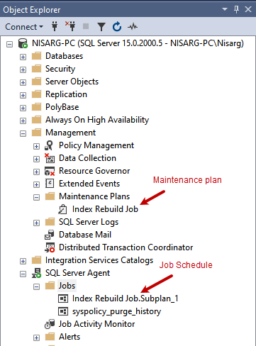 SQL Server Management Studio showing a maintenance plan and scheduled job