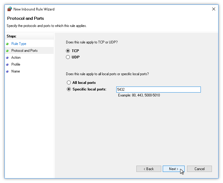 Windows Firewall new inbound rule dialog with TCP port 5432 entered for PostgreSQL remote access