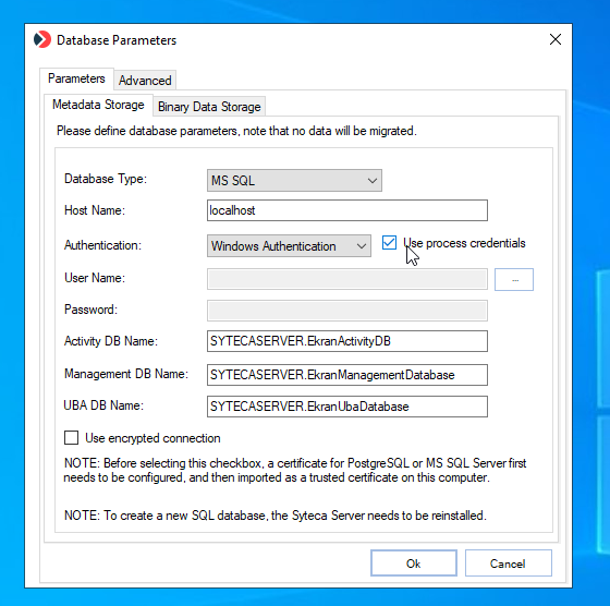 Database Parameters tool showing the Use process credentials checkbox