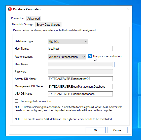 Database Parameters tool showing the Use process credentials checkbox