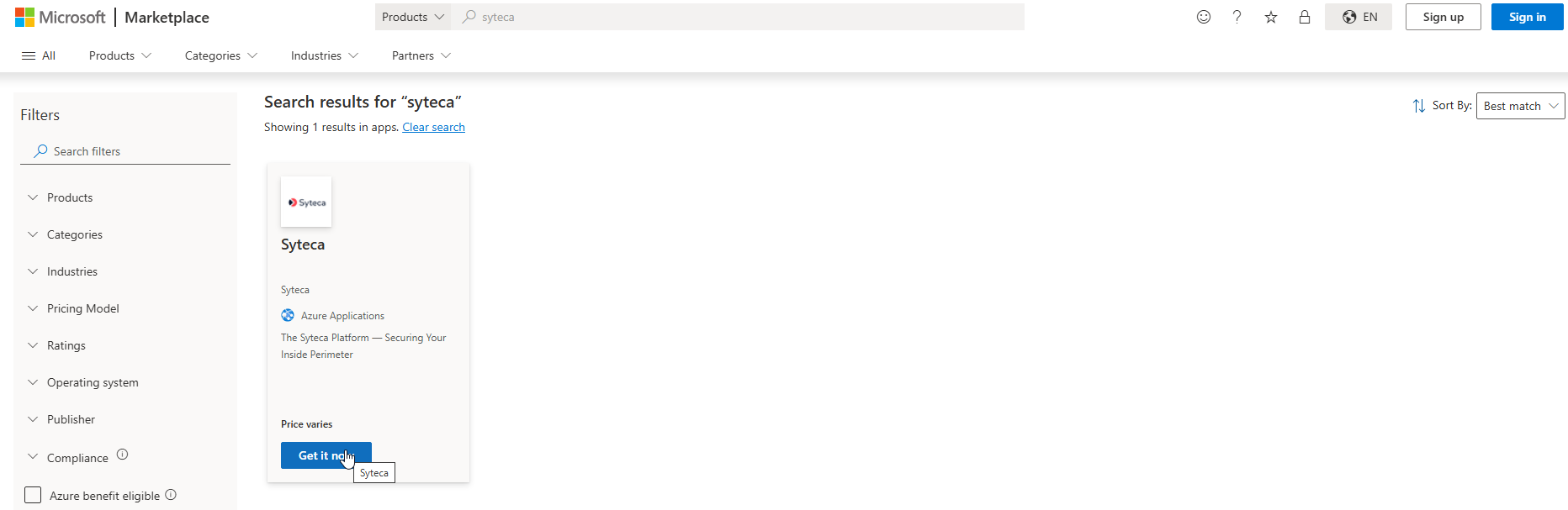 Azure Marketplace search result showing the Syteca listing