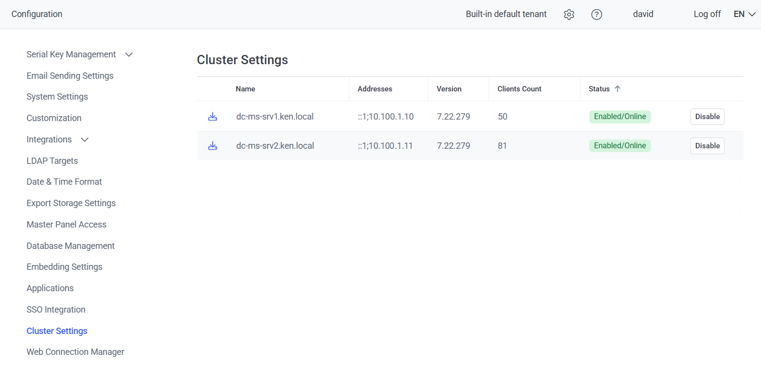 Cluster Settings tab showing Application Server instances in the cluster