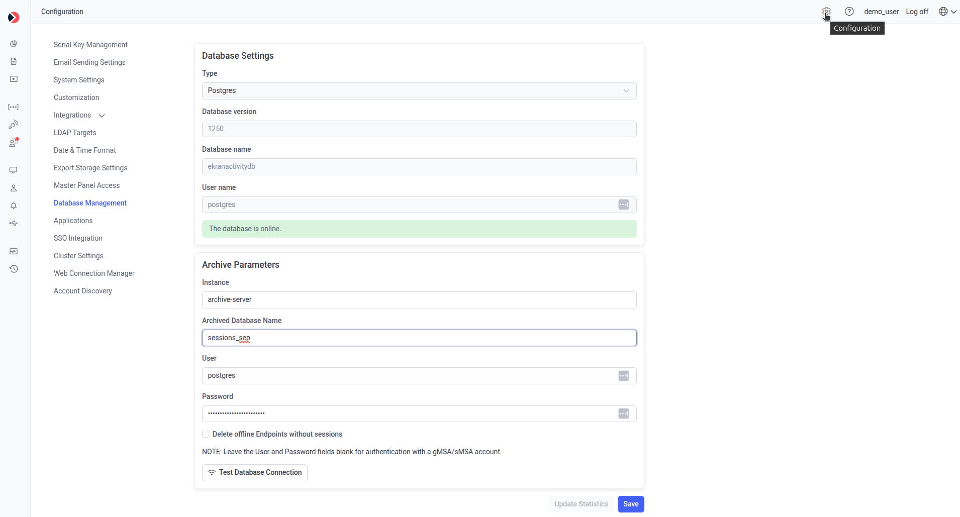 Archive Parameters section of the Database Management tab