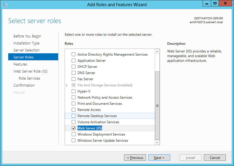 Server Manager IIS feature selection screen showing the required IIS sub-features checked for the Management Tool prerequisites