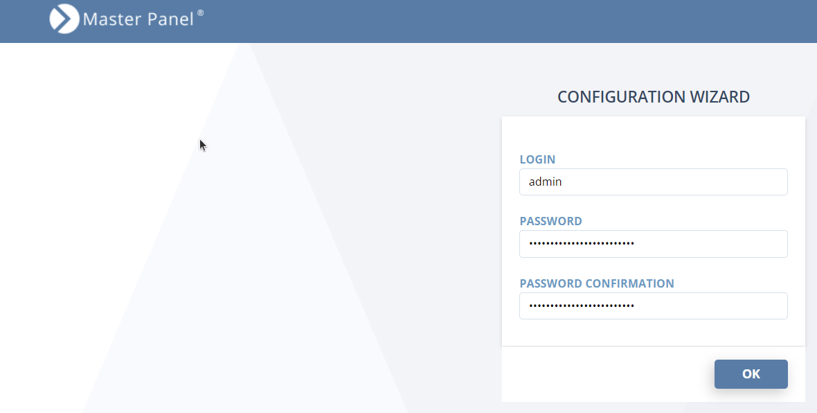 Master Panel Configuration Wizard admin password step
