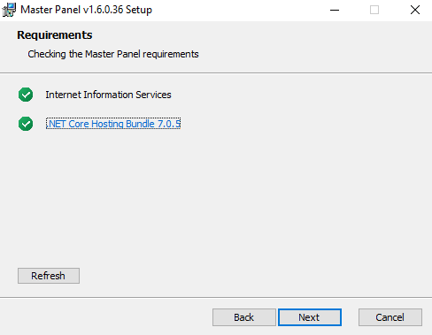 Master Panel Setup wizard Requirements page showing prerequisite check results