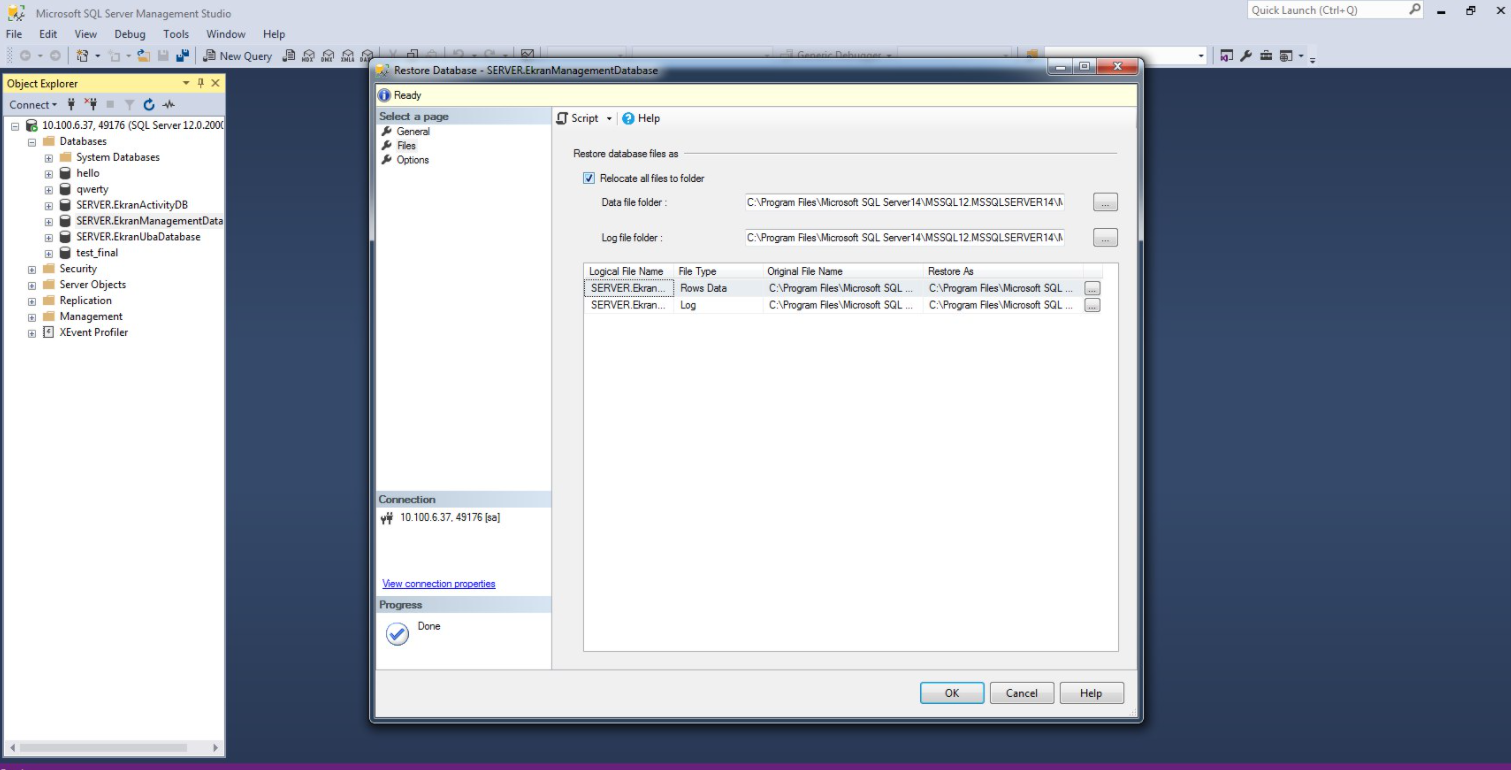 SSMS restore dialog Files page with Relocate all files to folder selected