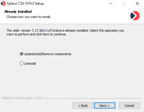Syteca Setup wizard Already Installed page showing Update/Add/Remove components and Uninstall radio options