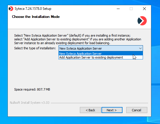 Syteca Setup wizard Choose the Installation Mode page with New Syteca Application Server and Add Application Server to existing deployment radio options