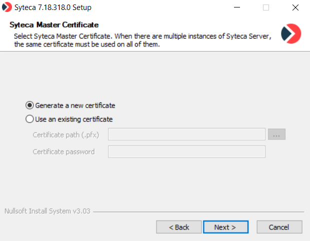 Syteca Setup wizard Master Certificate page with Generate a new certificate and Use an existing certificate radio options