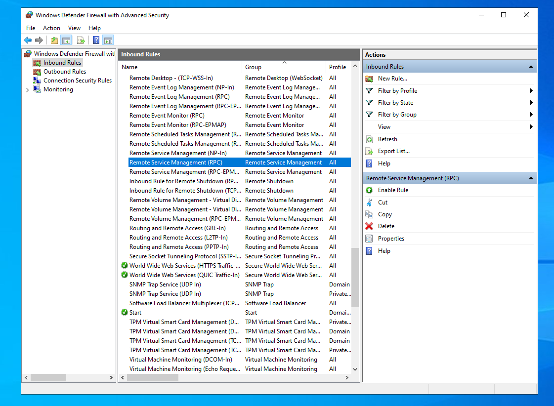 Windows Firewall Advanced Security window with the RPC inbound rule properties open