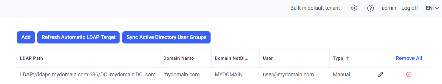 LDAP Targets tab with an Entra ID Domain Services target configured