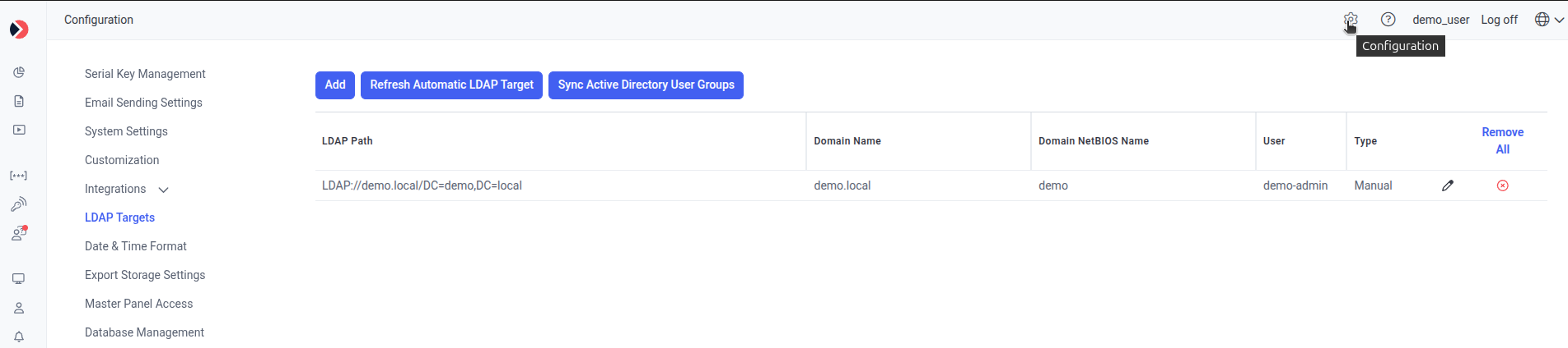 LDAP Targets tab showing an added single-domain LDAP target in the grid