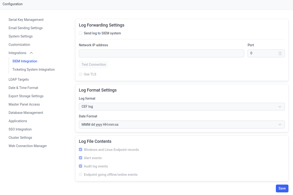SIEM Integration settings on the Integrations tab