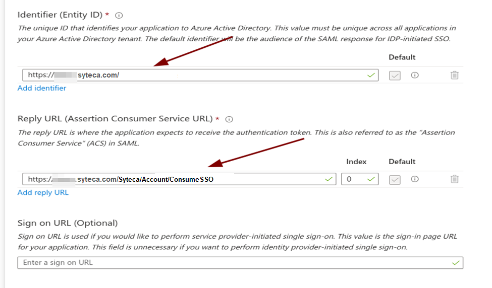 Azure SAML configuration page with Identifier and Reply URL fields