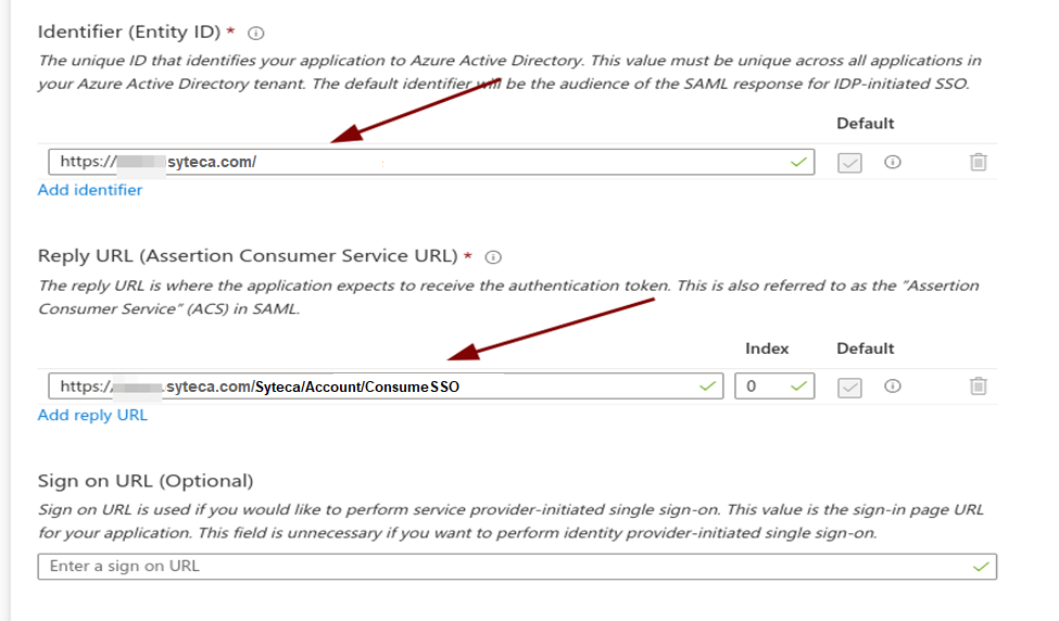 Azure SAML configuration page with Identifier and Reply URL fields