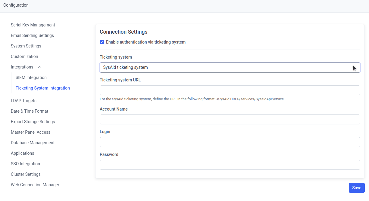 Ticketing System Integration settings on the Integrations tab